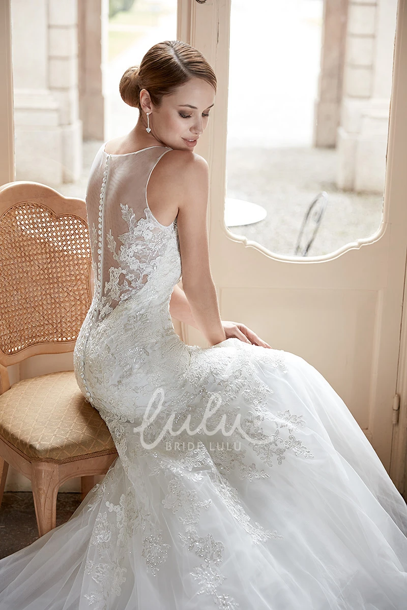 Sleeveless V-Neck Tulle&Lace Trumpet Wedding Dress
