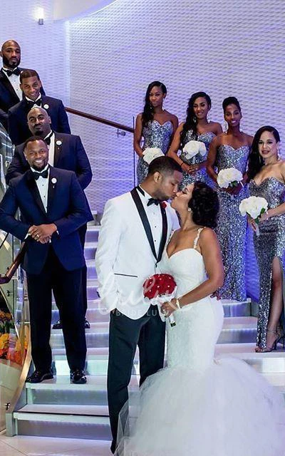 Short Mermaid Illusion Lace Wedding Dress with Spaghetti Straps and Bell Train