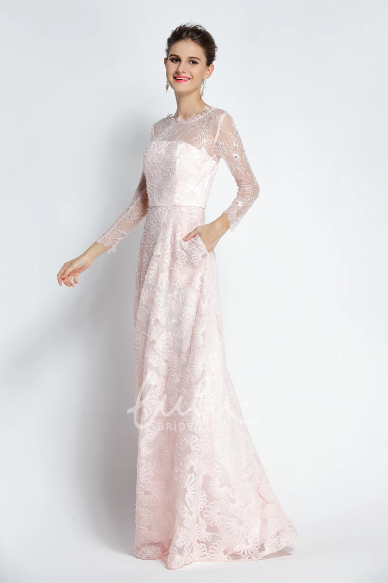 Bateau Scalloped Lace A-Line Prom Dress with Beading and Pockets Long Sleeve