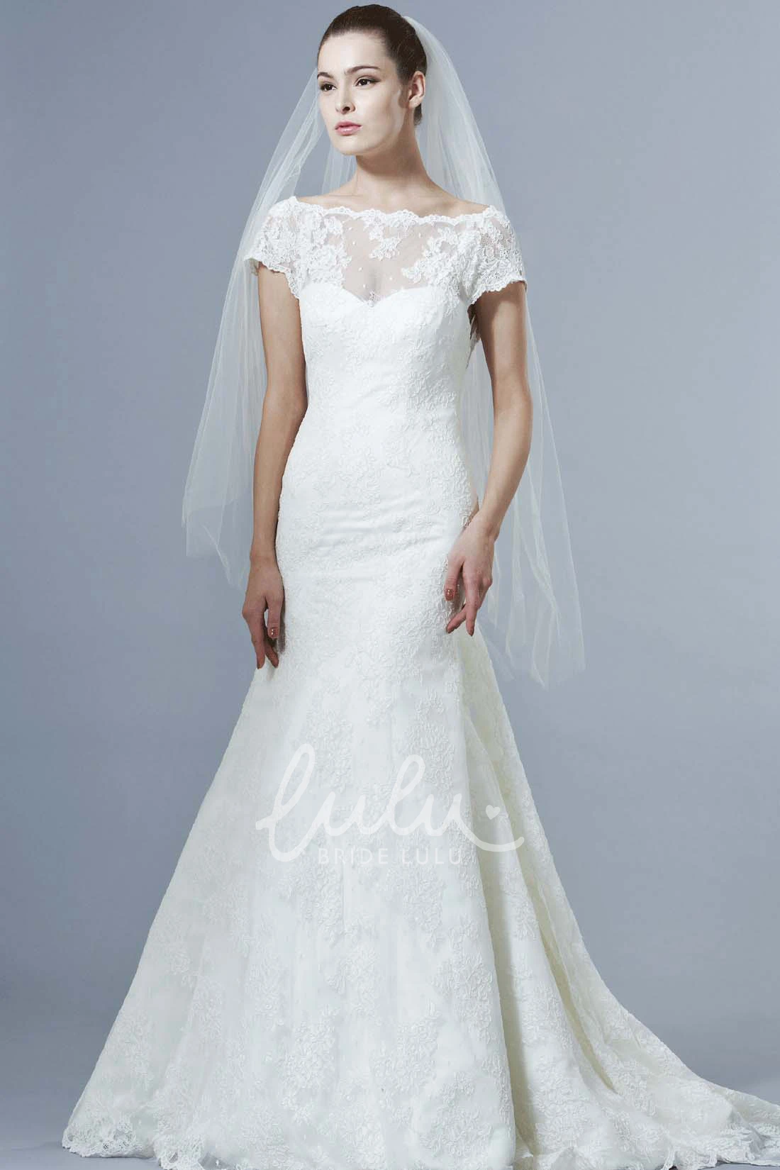 Mermaid Cap Sleeve Lace Wedding Dress with Bateau Neck Modern Bridal Dress