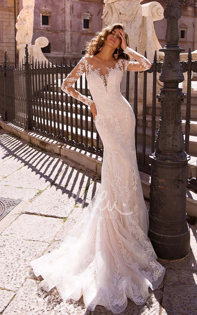 Bohemian Lace Mermaid Illusion Sleeve Spring Wedding Dress Beach Style Romantic