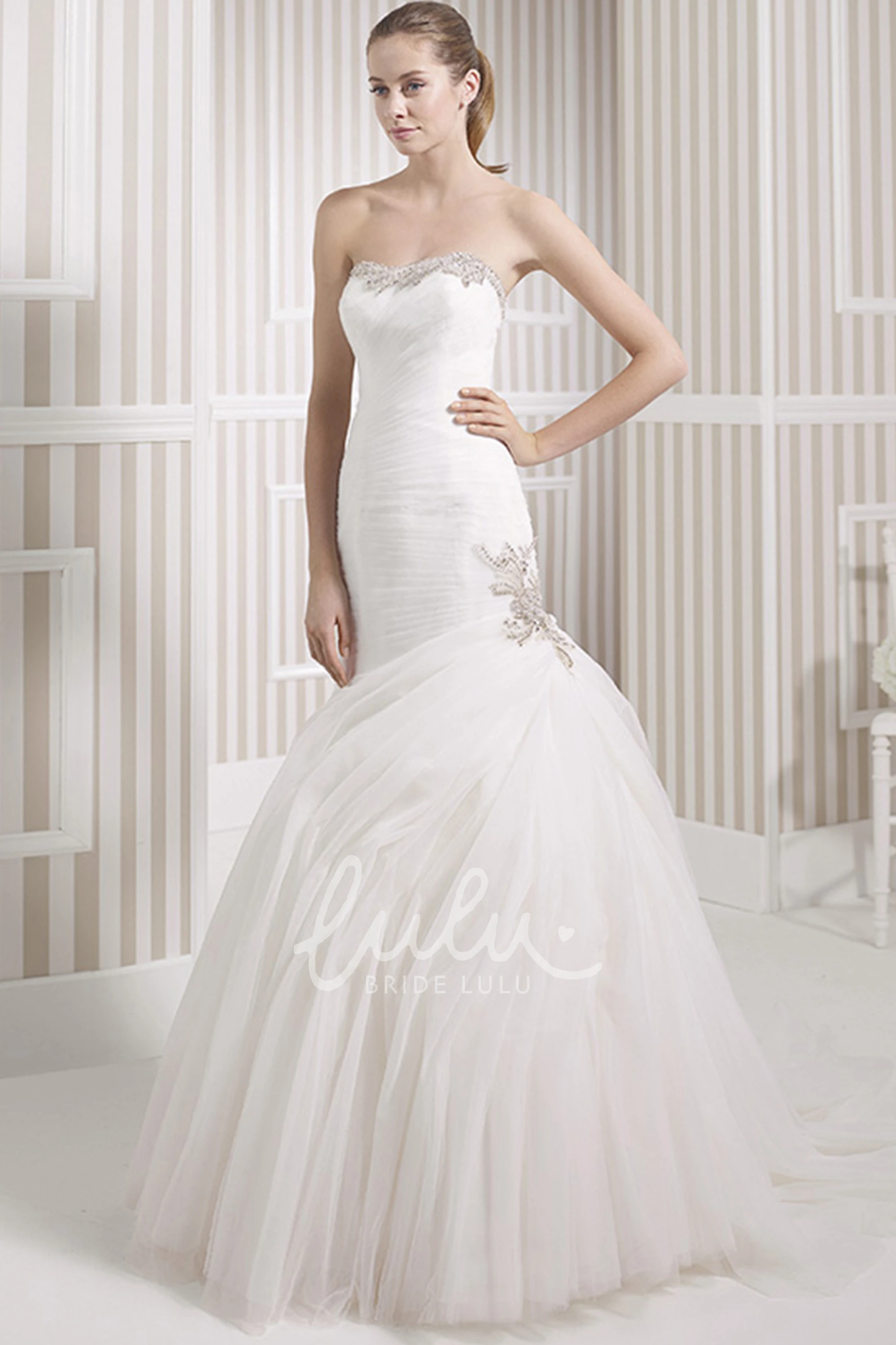 Beaded Strapless Mermaid Tulle Wedding Dress with Ruching