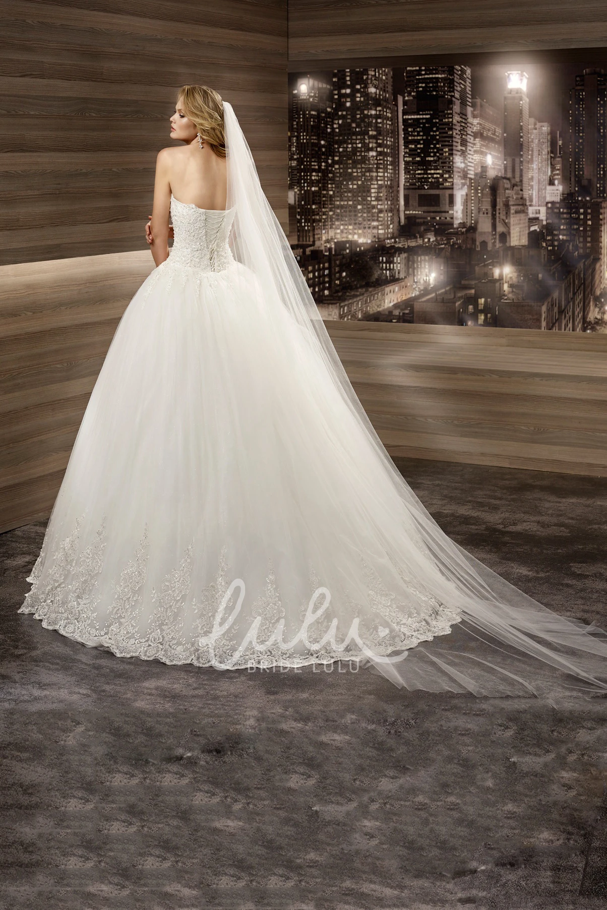 Applique A-Line Bridal Gown with Pleated Waist and Lace-Up Back