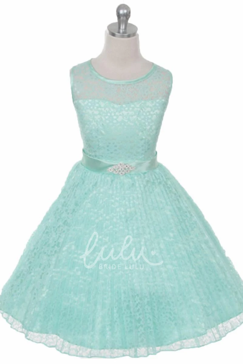 Illusion Tea-Length Lace&Satin Flower Girl Dress Unique Dress for Girls