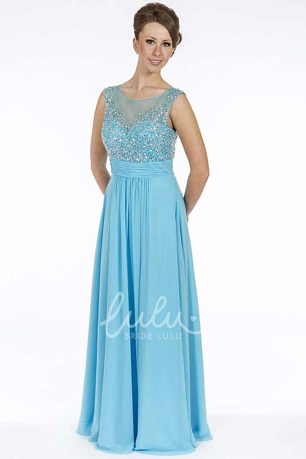 Beaded A-Line Chiffon Prom Dress with Pleats Sleeveless Long Scoop-Neck
