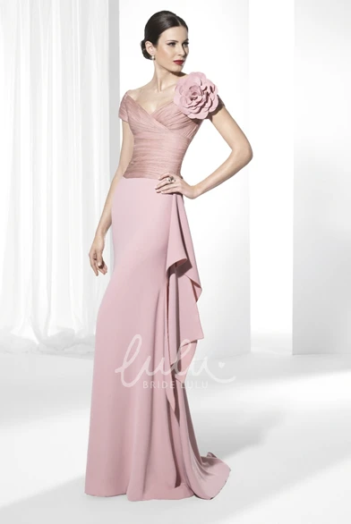 Ruched V-Neck Jersey Prom Dress with Flower and Draping Floor-Length