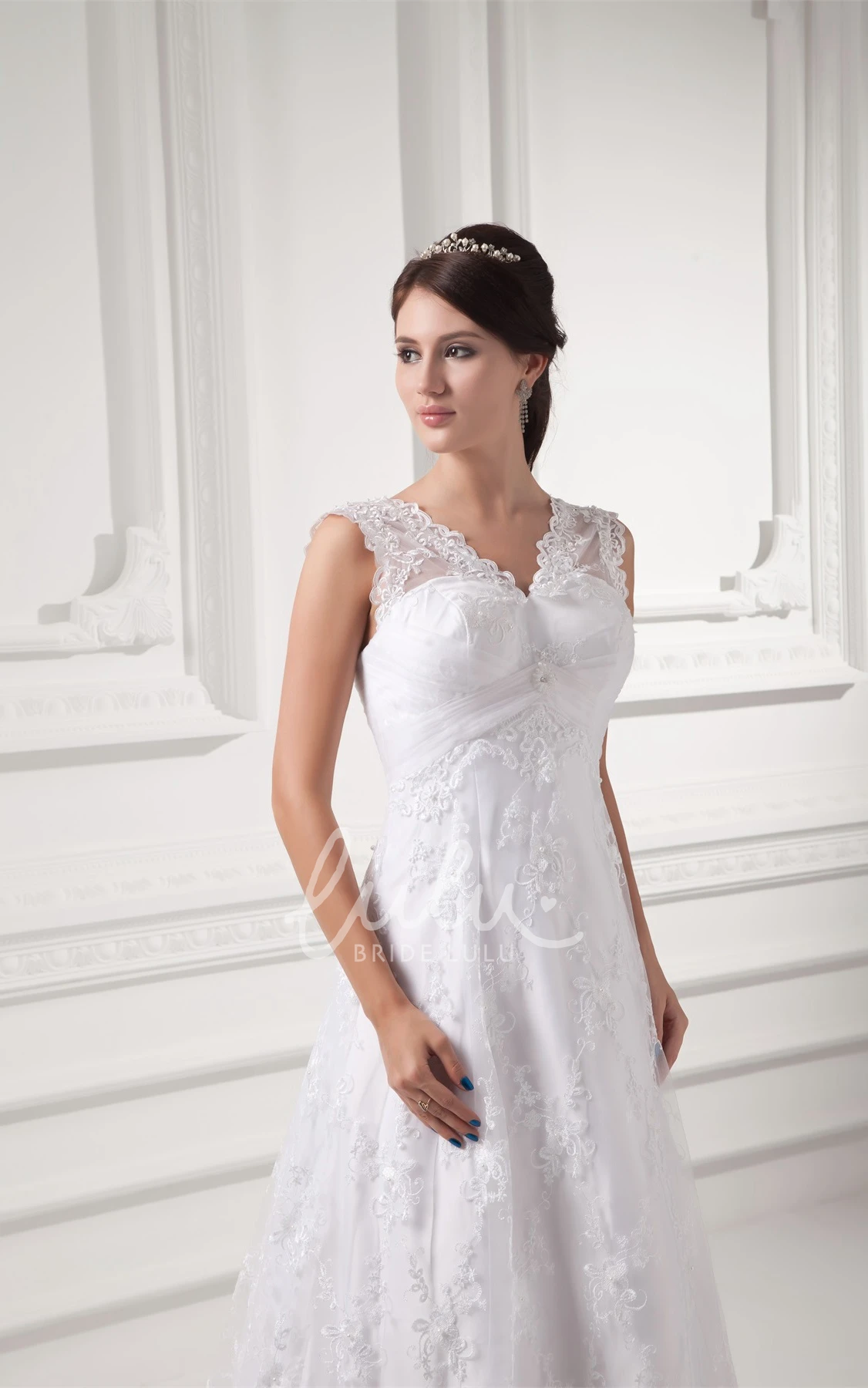 Lace A-line Wedding Gown with V-neck and Low-v Back Modern Bridal Dress