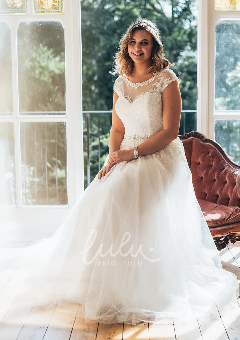 Tulle Low-V Back Wedding Dress with Waist Jewellery A-Line Long Scoop Neck