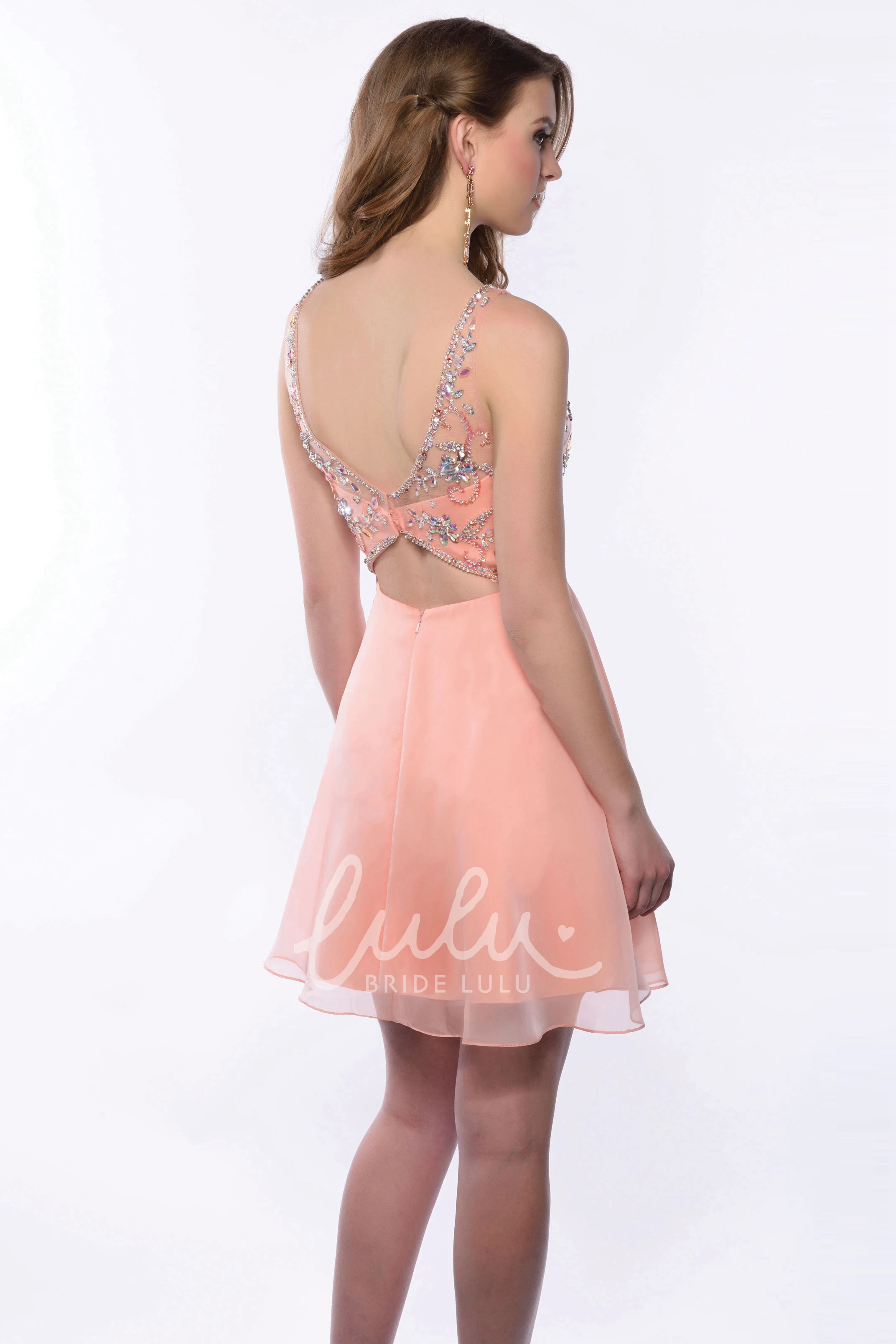 Crystal Detail A-Line Homecoming Dress Sleeveless Chiffon Bateau Neckline