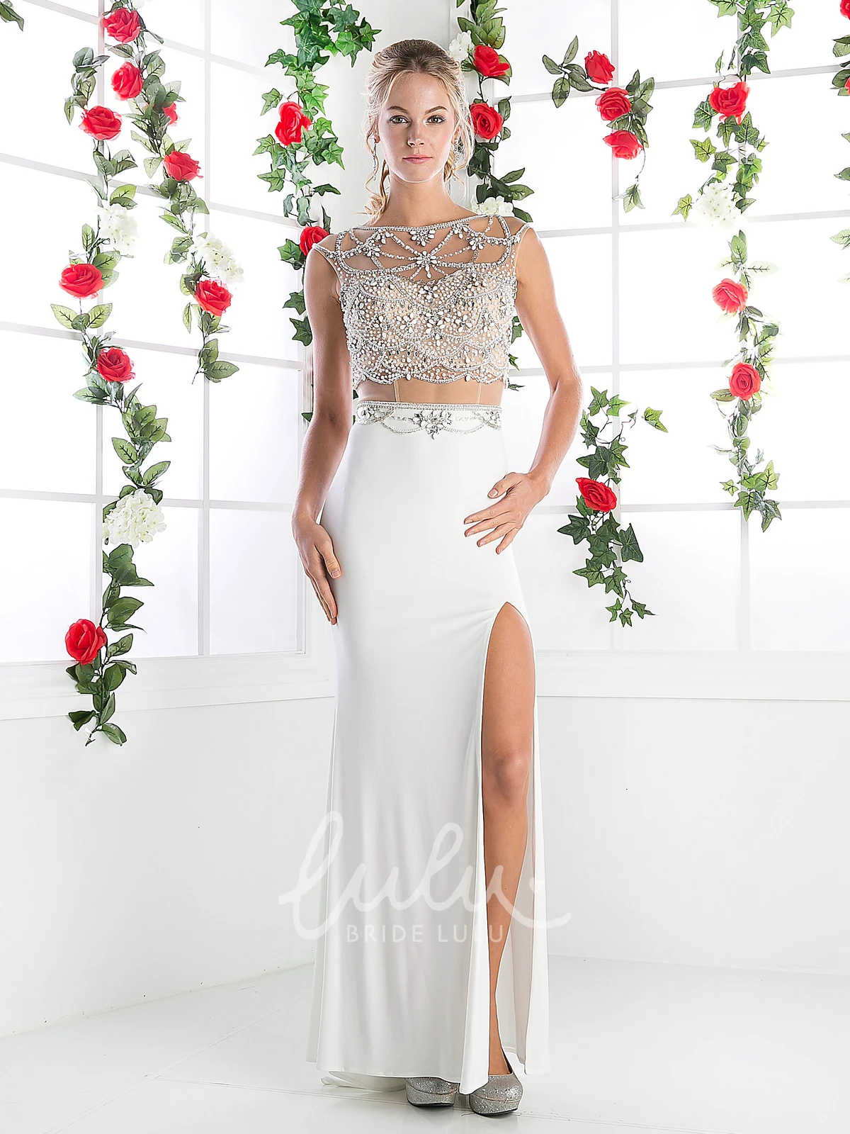 Jersey Cap-Sleeve Sheath Formal Dress with Keyhole and Beading