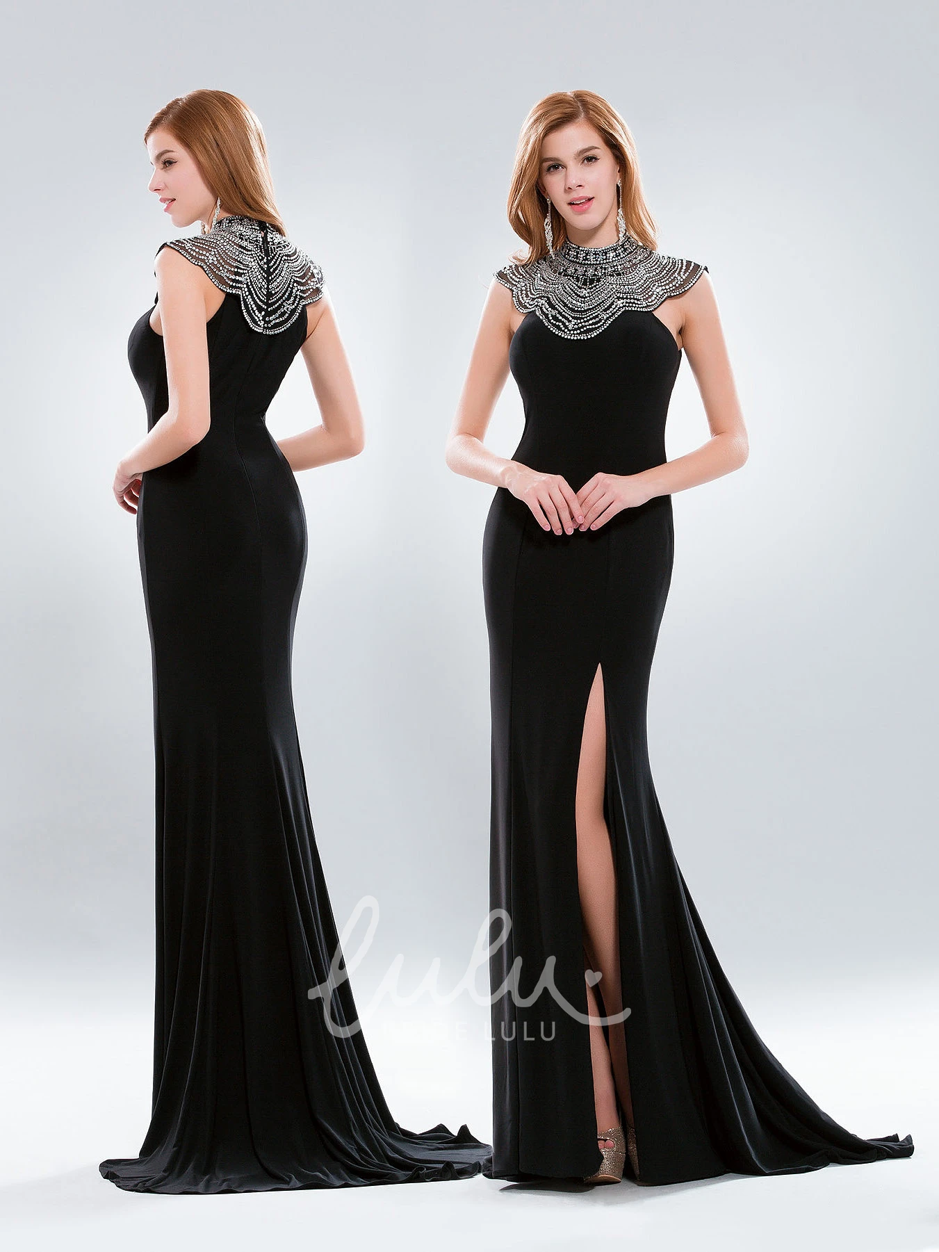 High Neck Sheath Jersey Formal Dress with Split Front and Cap-Sleeve Beading