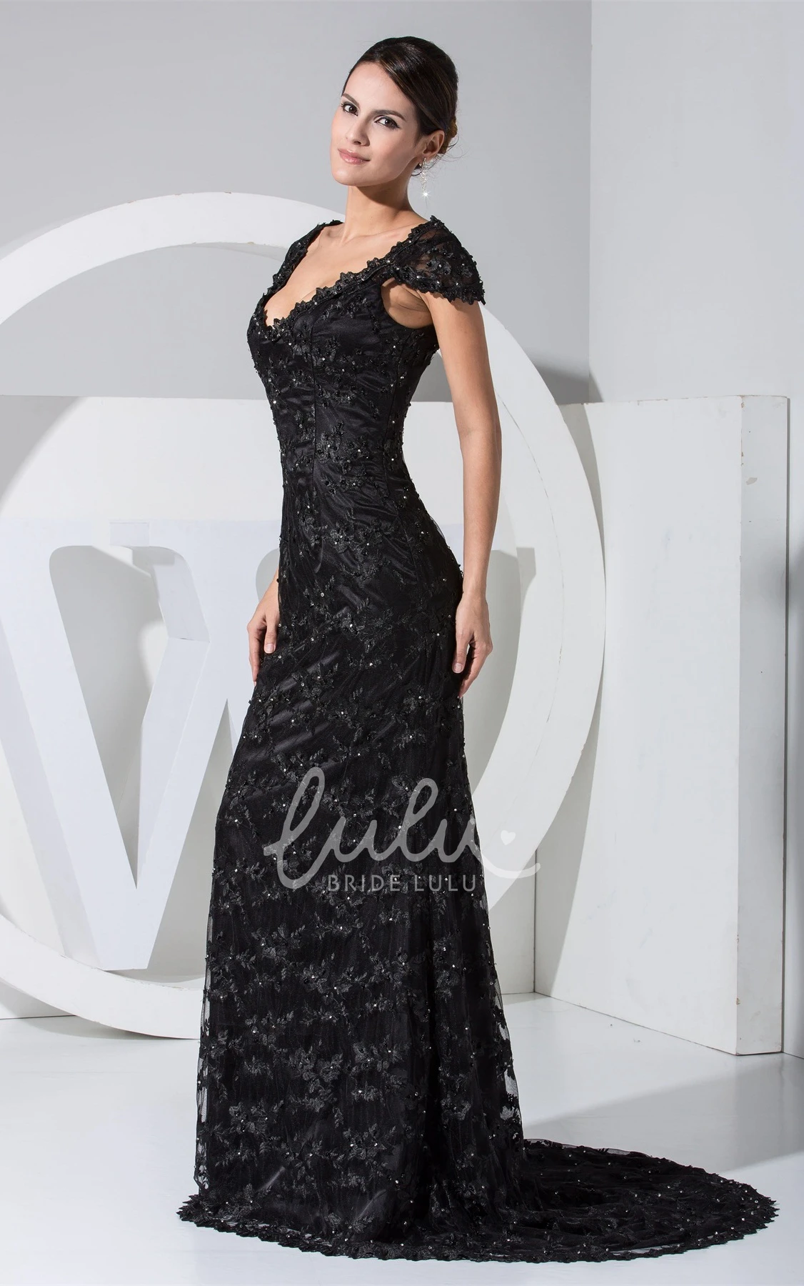 Appliqued and Beaded Queen-Anne Evening Dress with Plunging Neckline Elegant Formal Dress