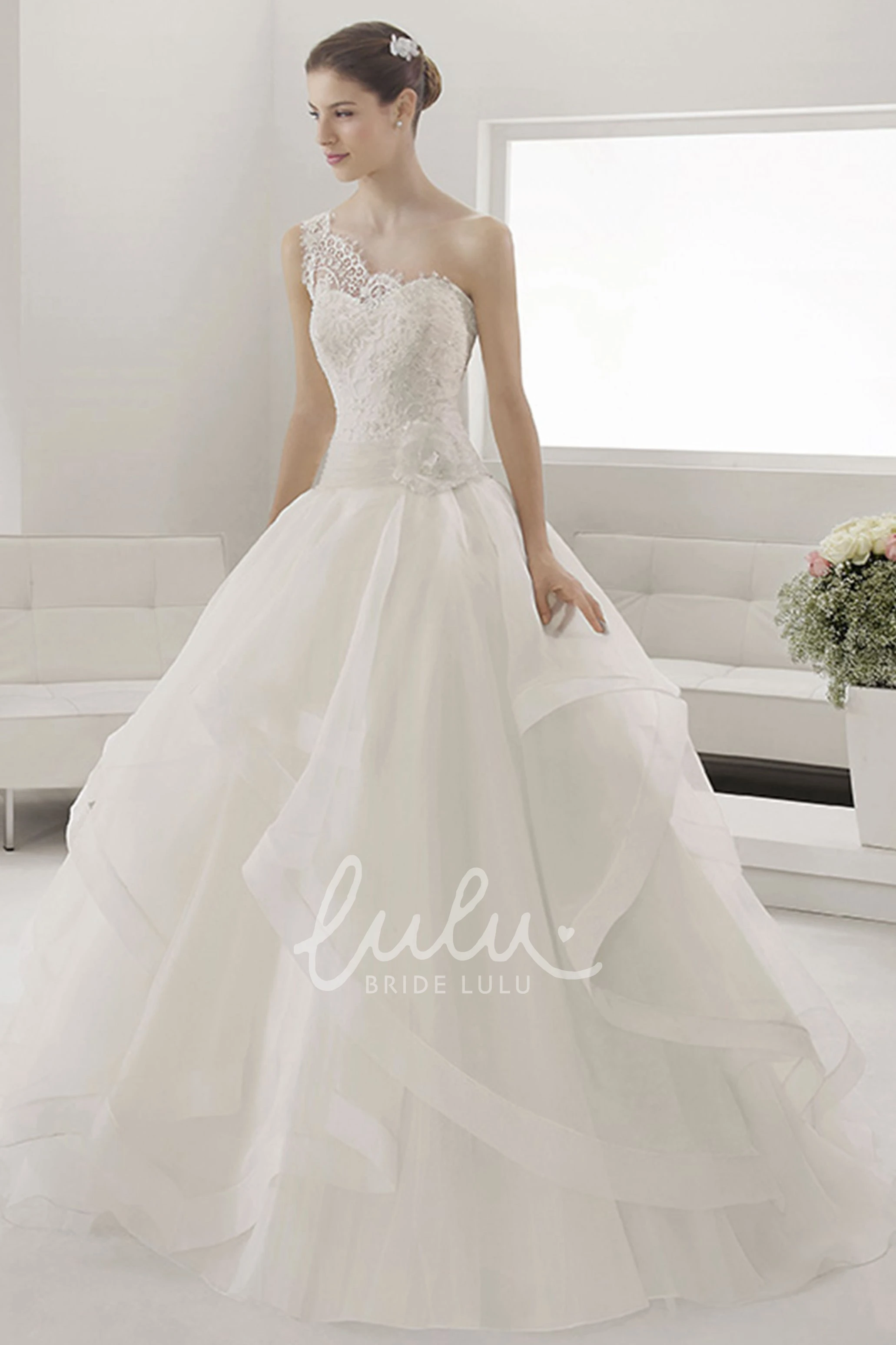 Lace Top Single Strap Bridal Gown with Layered Organza Skirt Unique Wedding Dress Women