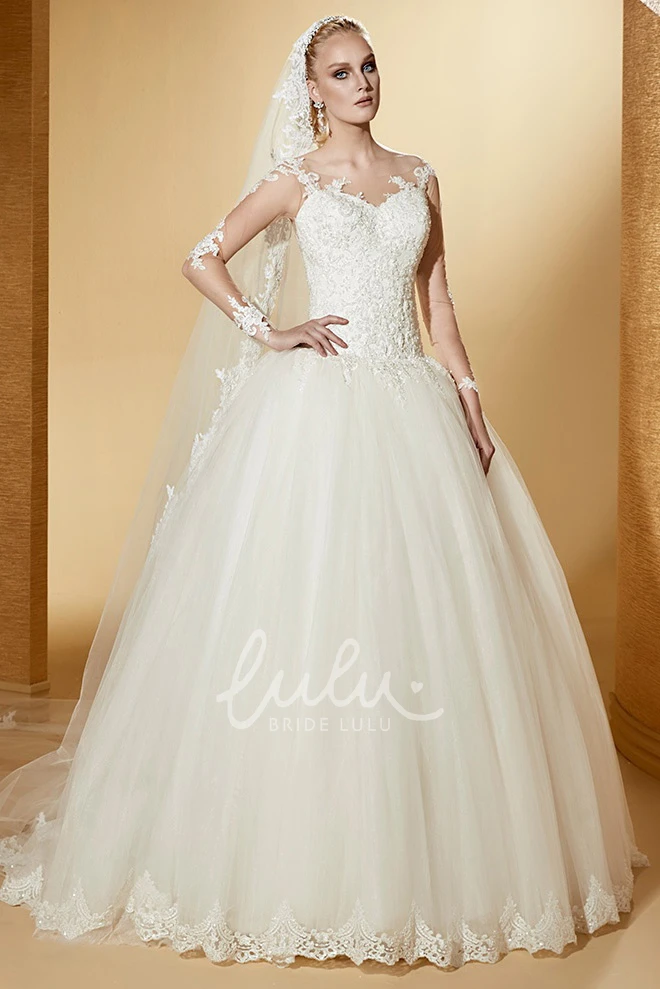 Long-Sleeve Ball Gown with Illusive Design and Lace Bodice Modern and Sophisticated