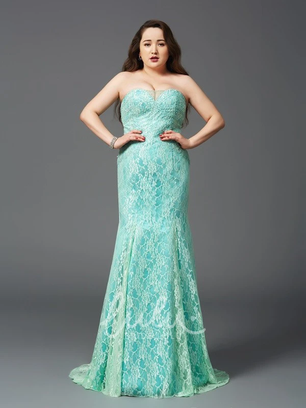 Lace Strapless Sheath Formal Dress with Brush Train