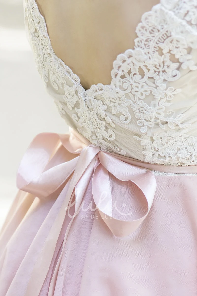 V-neck Lace Wedding Gown with Bow Adorable Bridal Dress