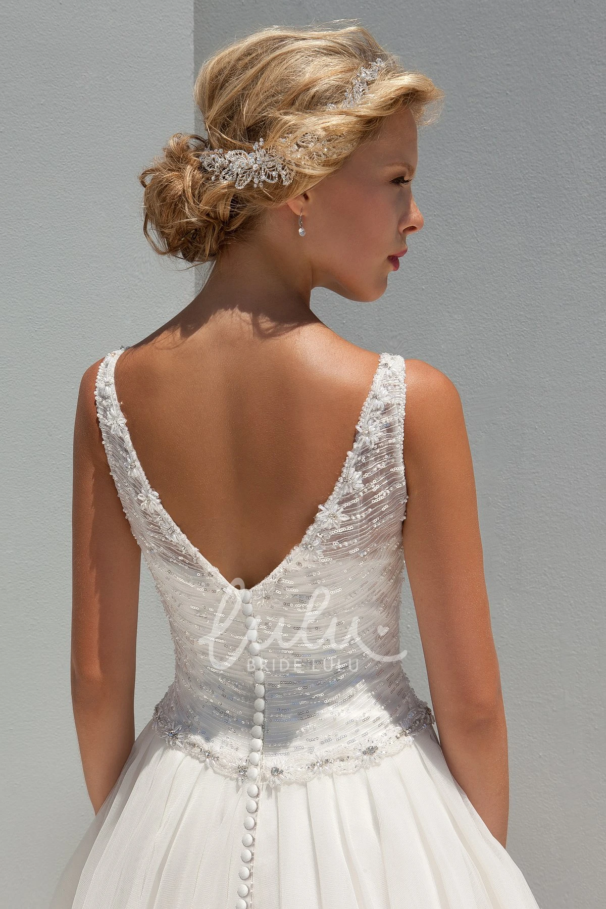 Sequined V-Neck A-Line Wedding Dress with Beading and Ruching