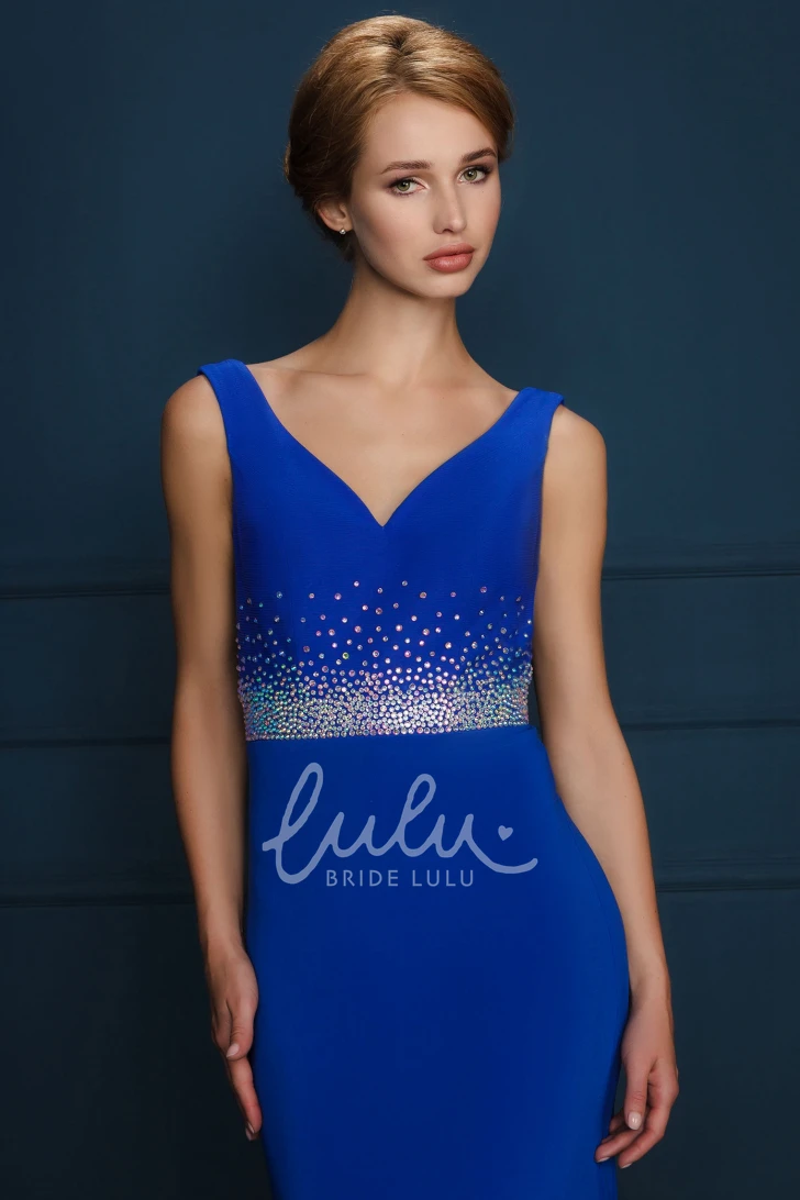 V-Neck Sleeveless Jersey Prom Dress with Beaded Detail and Floor-Length