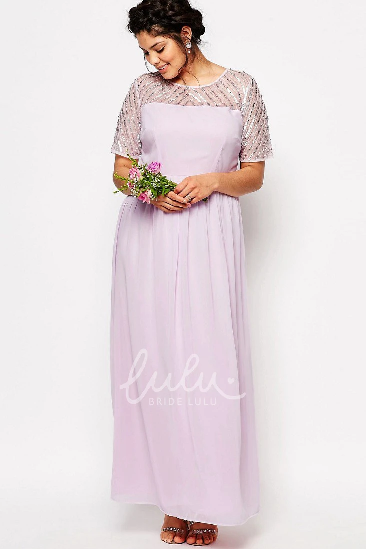 Sequined Chiffon Bridesmaid Dress with Short Sleeve and Scoop Neck