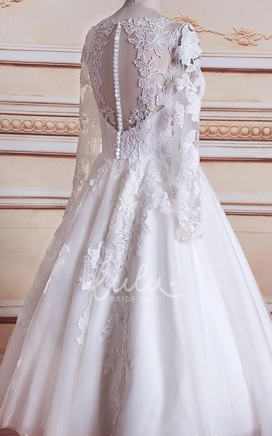 Long Sleeve Lace Tea-Length Dress with Button Zipper