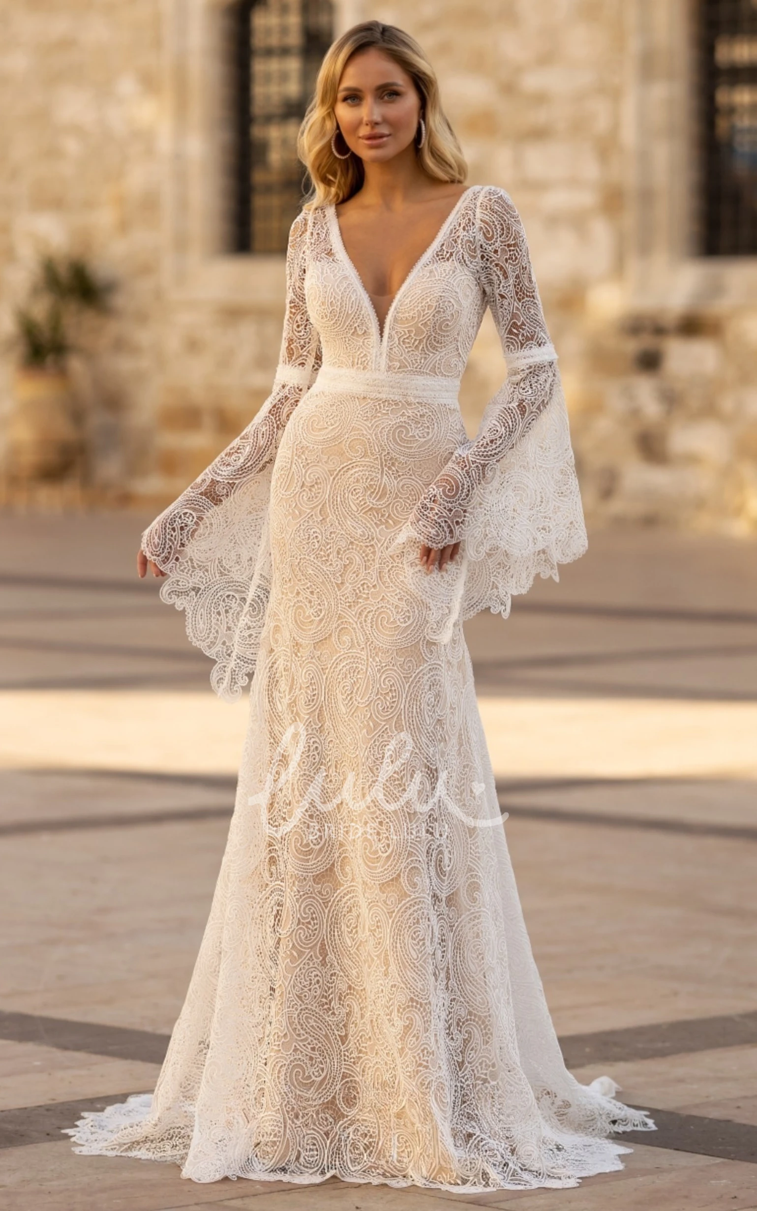 Classical Deep V Neck Wrap Lace Wedding Dress with Long Sleeve Train