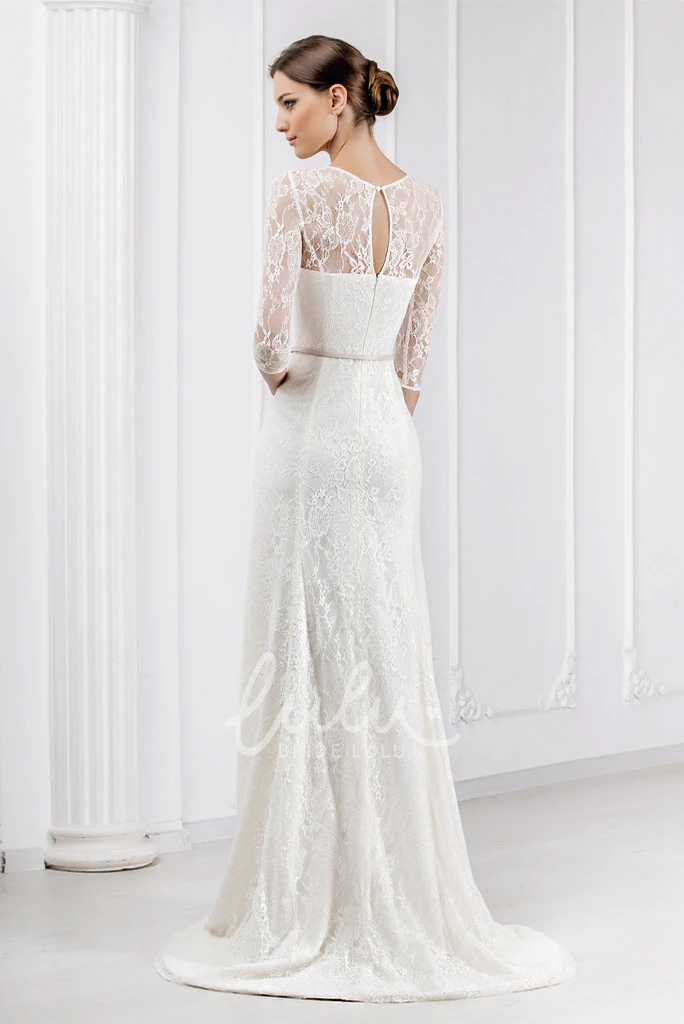 Lace 3-4 Sleeve Wedding Dress with Brush Train Unique Wedding Dress