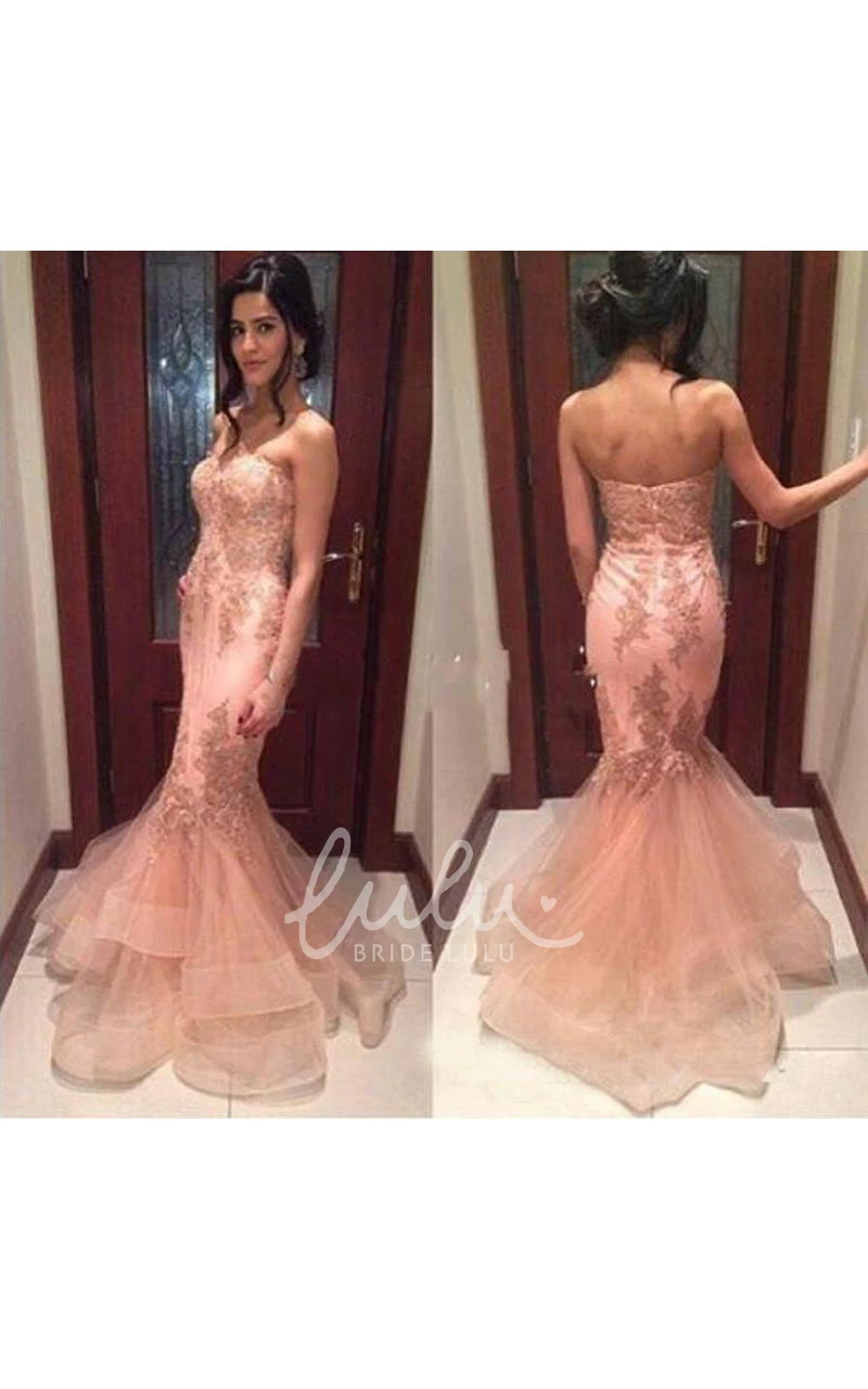 Sleeveless Sweetheart Applique Tulle Dress with Sweep Train Elegant Prom Dress