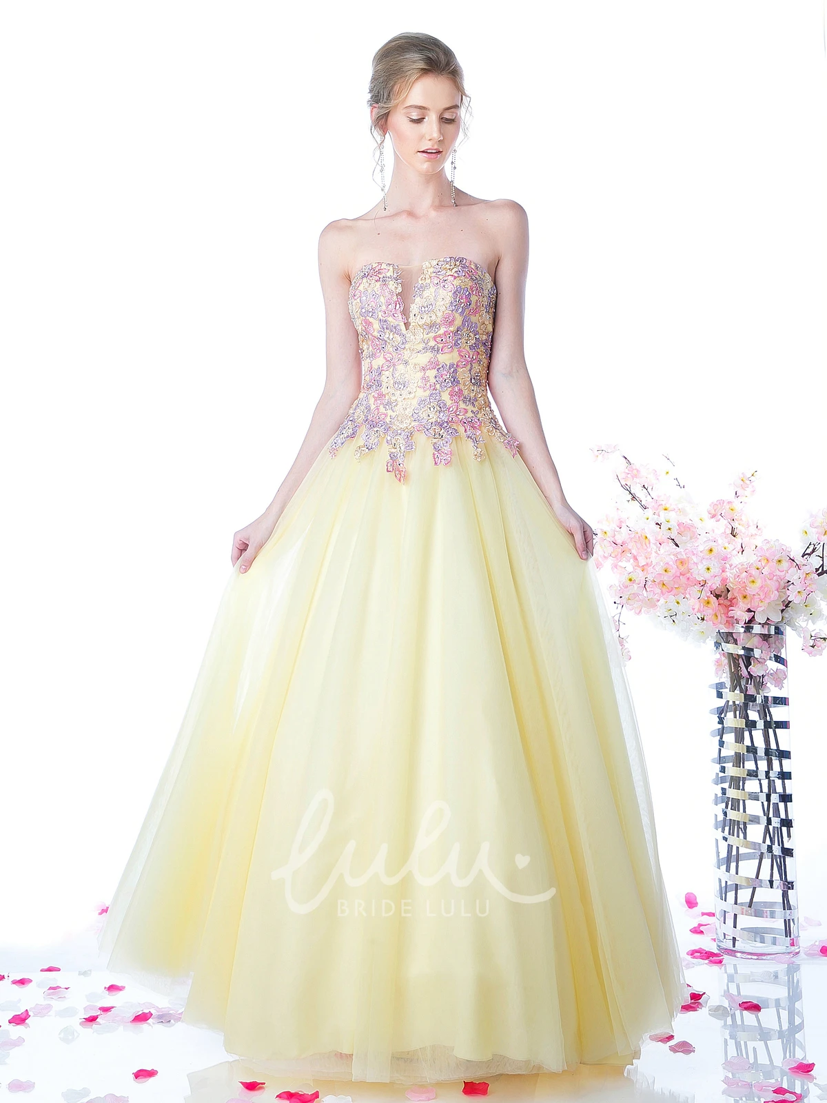 Tulle Satin Strapless Ball Gown Formal Dress with Appliques and Beading in Low-V Back