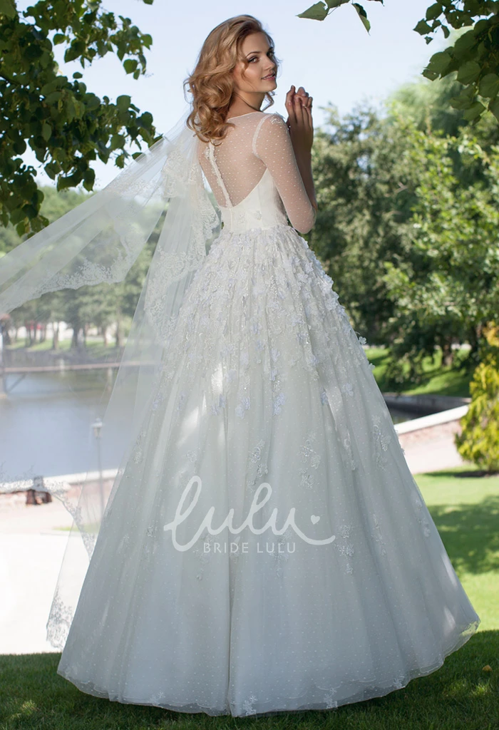 Tulle A-Line Wedding Dress with Bateau Neckline and Half Sleeves