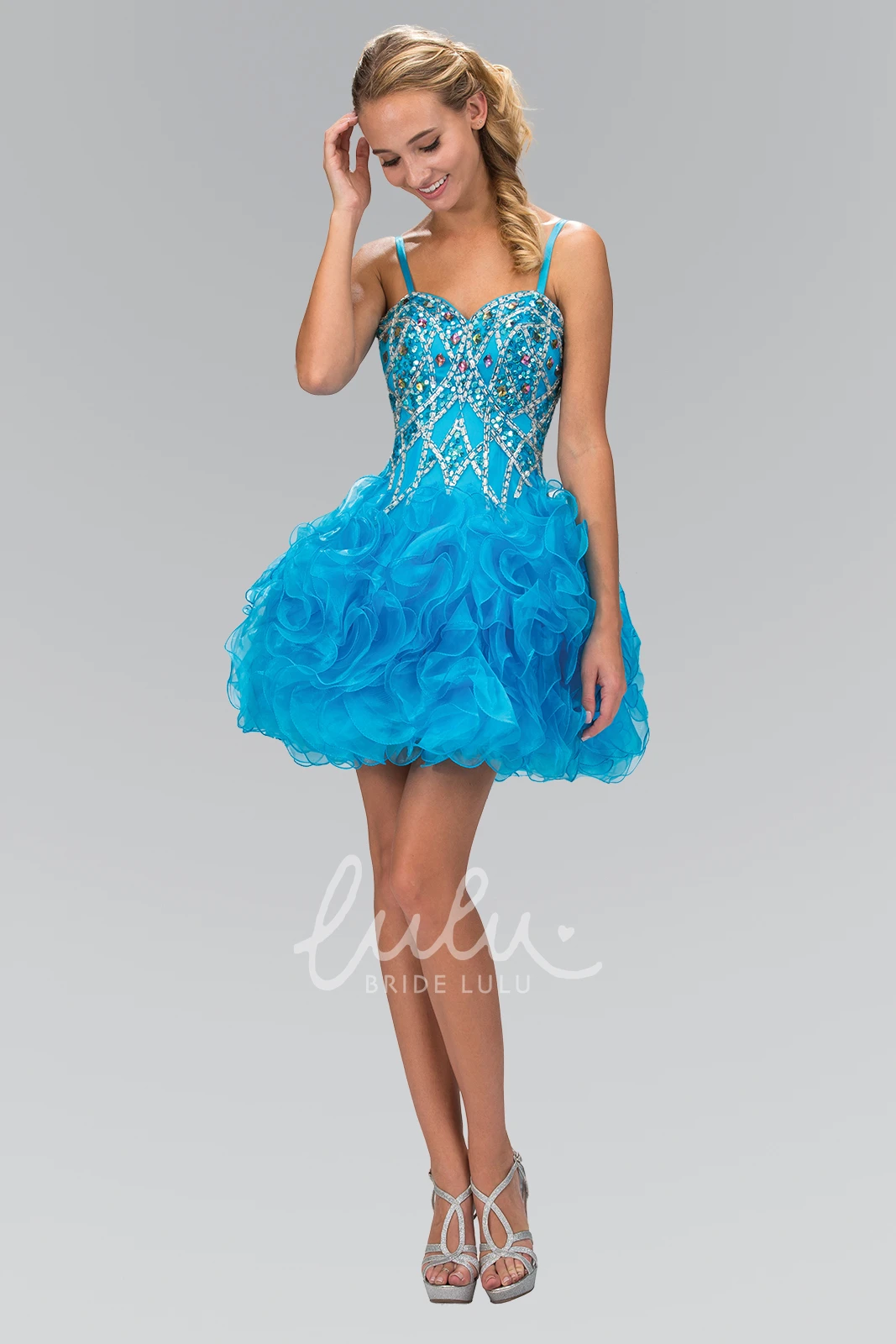 Ruffled A-Line Mini Spaghetti Sleeveless Beach Dress with Organza