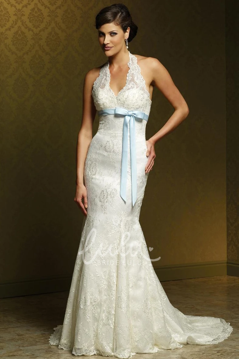 Sleeveless Sheath Lace Wedding Dress with Appliques and Bow Floor-Length V-Neck Tulle & Satin
