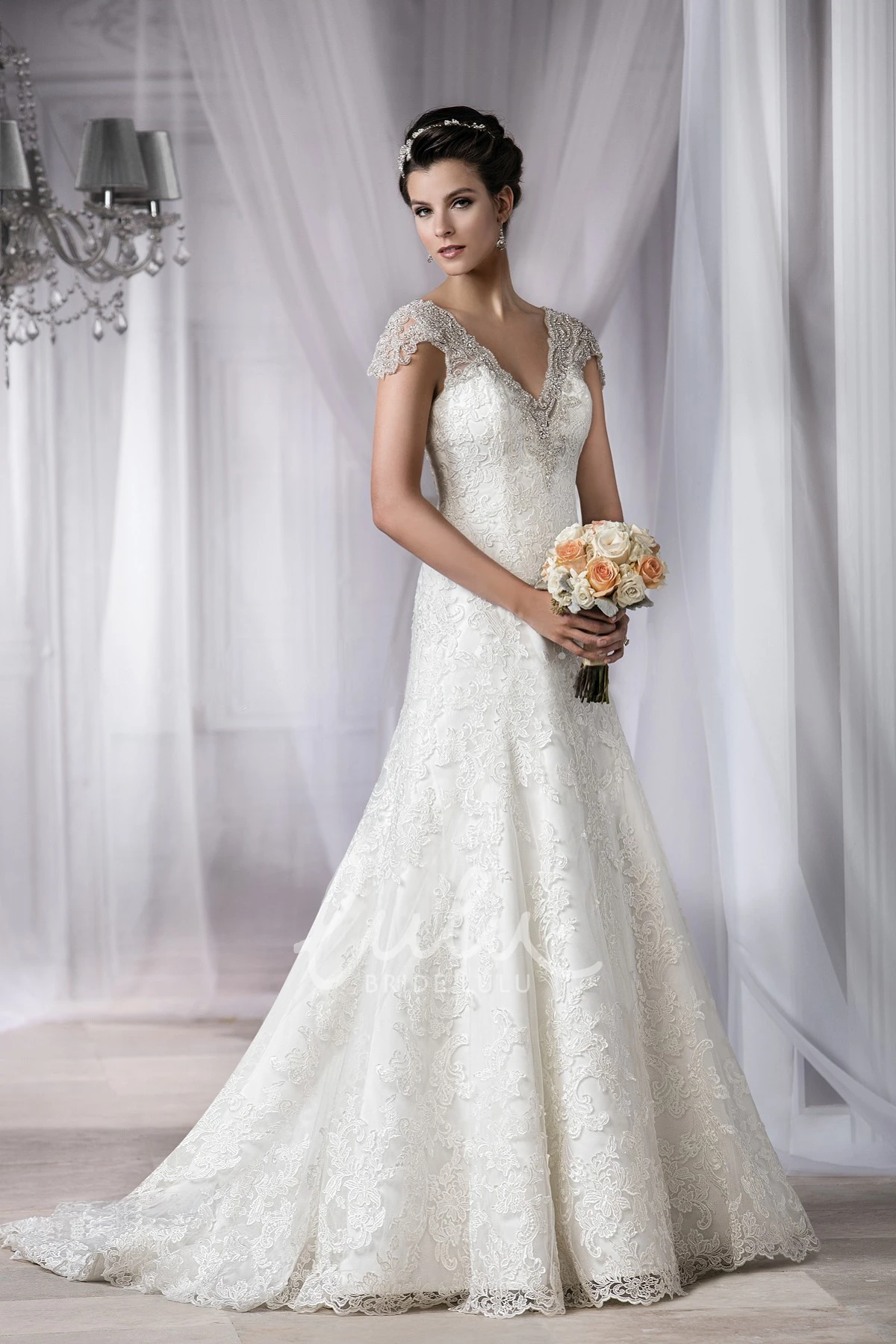 V-Neck Cap-Sleeved Wedding Dress with Appliques and Scoop Back