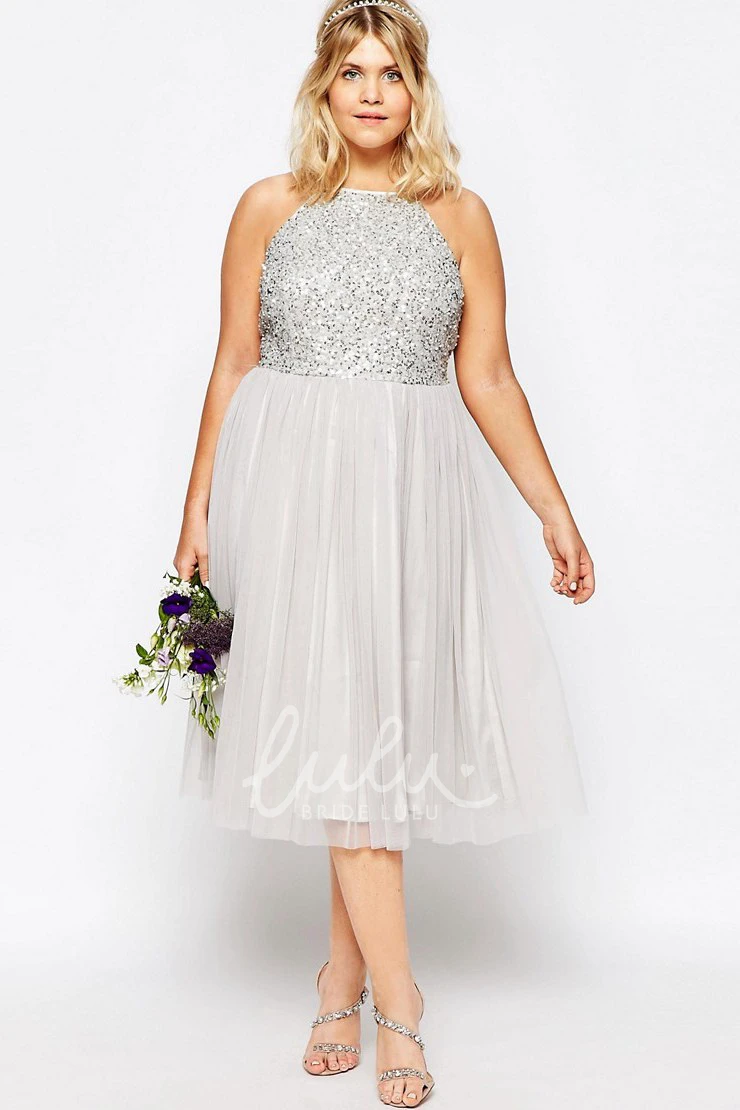 Sleeveless Sequined A-Line Tulle Bridesmaid Dress with Pleats Tea-Length