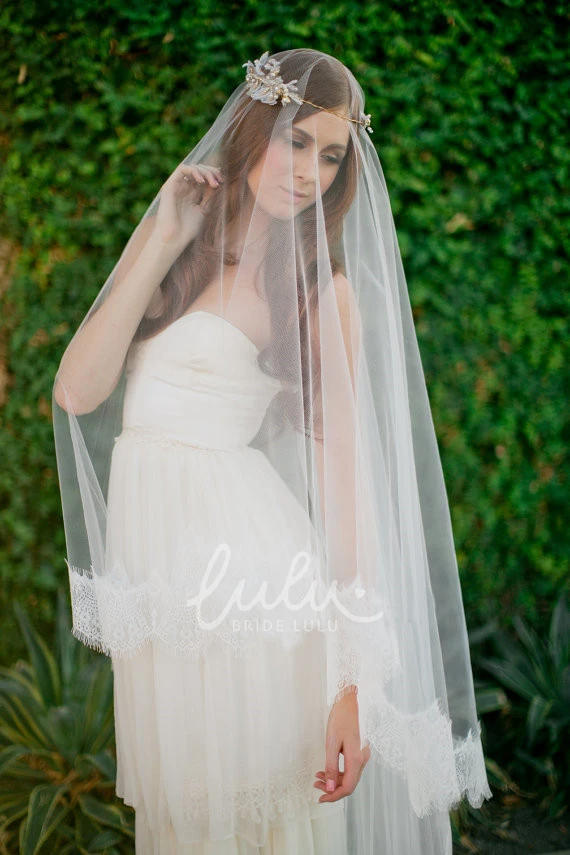 Long Trailing Soft Veil with Lace Edge Lace Applique Wedding Dress Accessory