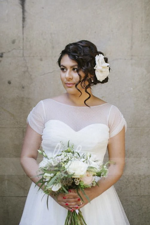 Vintage Cap Sleeve Tea Length Wedding Dress with Keyhole in Tulle