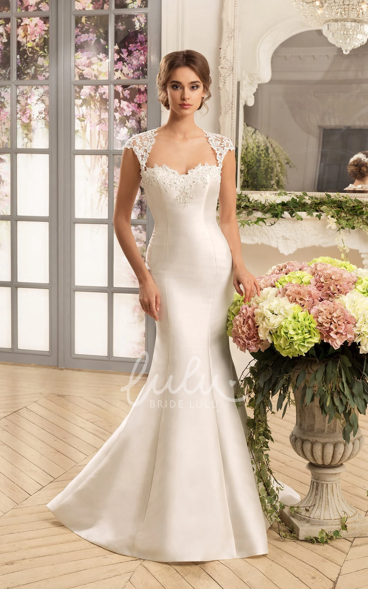 Satin Trumpet Wedding Dress with Cap Sleeves and Queen Anne Neckline