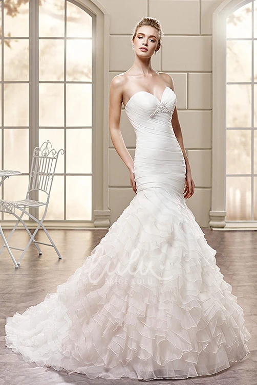 Mermaid Organza Wedding Dress with Tiered Skirt Sweetheart Neckline and Beading