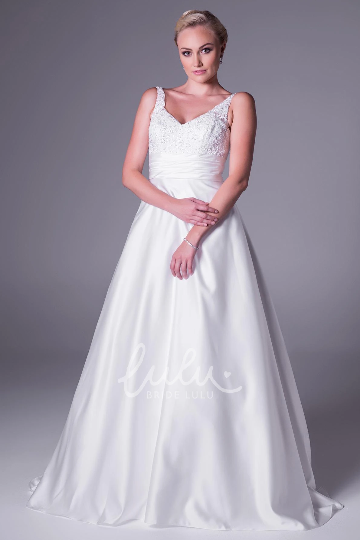 Satin A-Line Wedding Dress with V-Neck Appliques and Sleeveless Design
