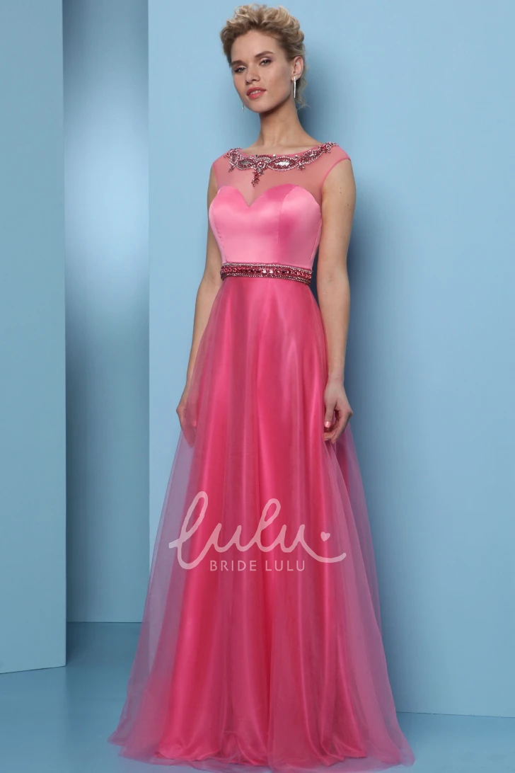 Long A-Line Prom Dress with Scoop-Neck Beaded Tulle & Satin and Waist Jewellery