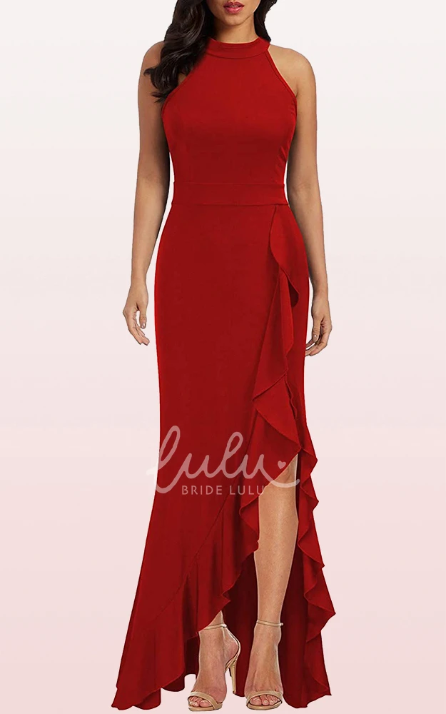 Halter Sheath Sleeveless Formal Guest Dress with Ruffles Elegant Split Front Jersey