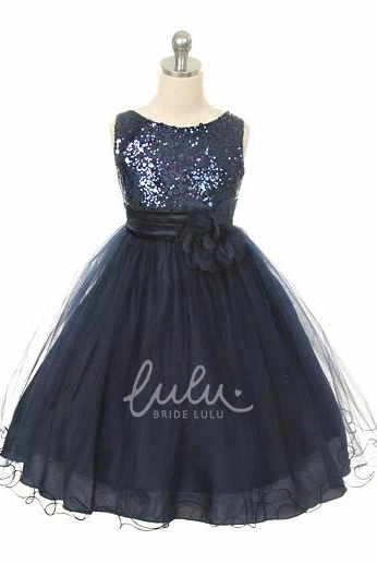Floral Tea-Length Flower Girl Dress with Sequins and Satin