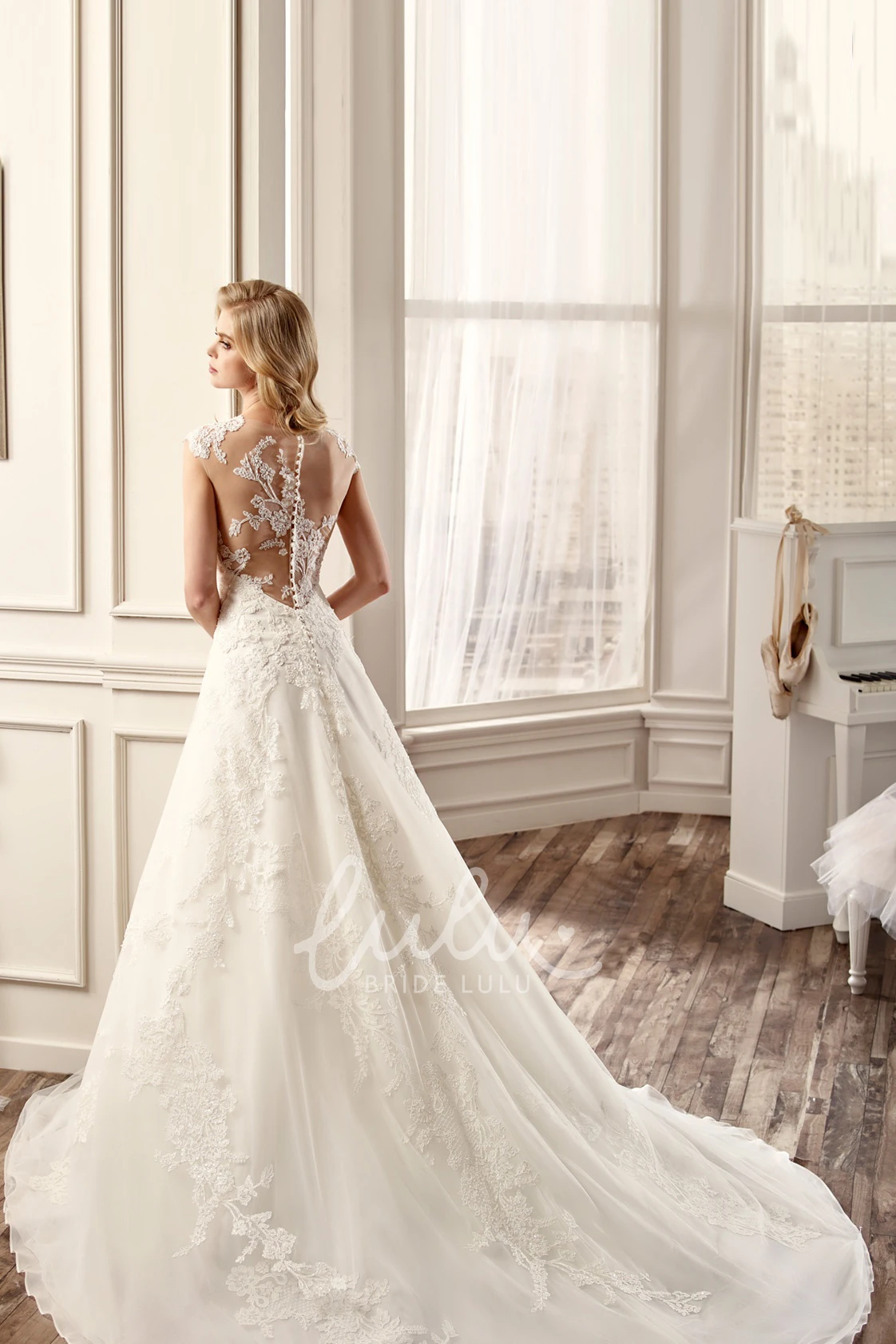 Illusive Back V-Neck A-Line Wedding Dress with Brush Train