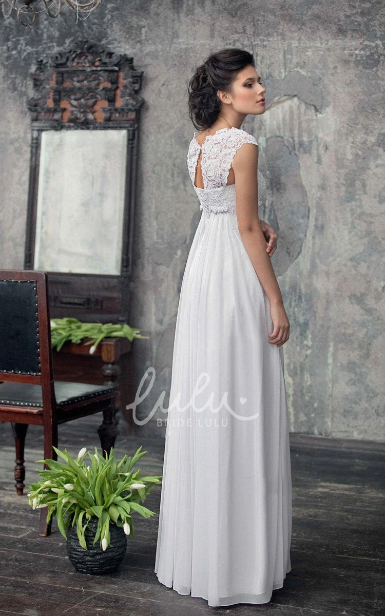 Applique Pleated Chiffon Dress with Empire Cap Sleeves