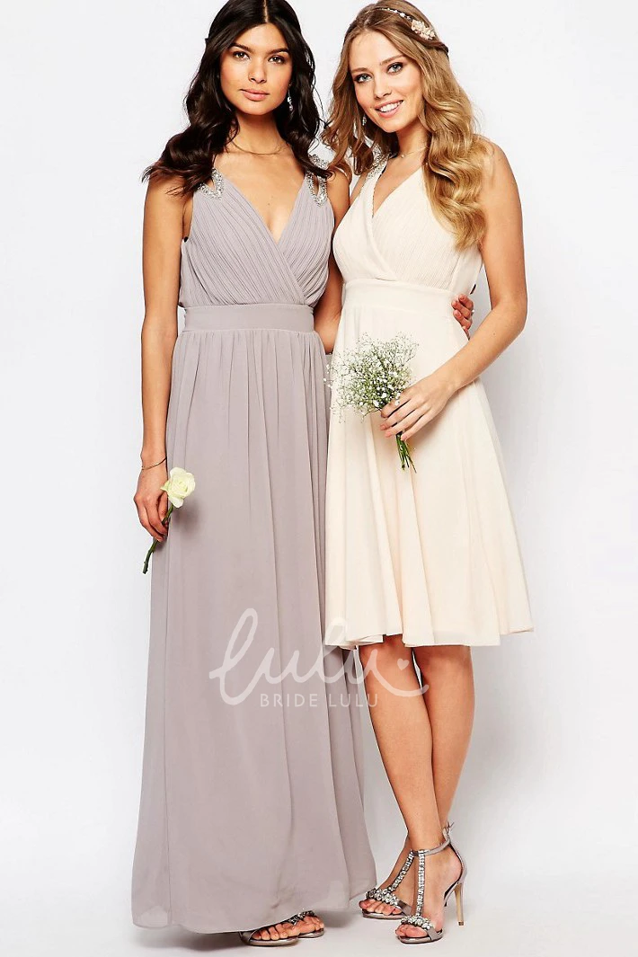 Beaded Ankle-Length Chiffon Bridesmaid Dress with V-Neck and Ruching Modern Boho Dress