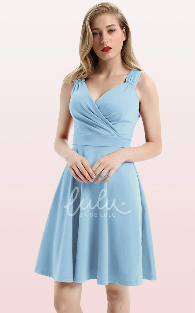 Sleeveless A Line Jersey V-neck Cocktail Dress with Ruffles Casual Prom Dress