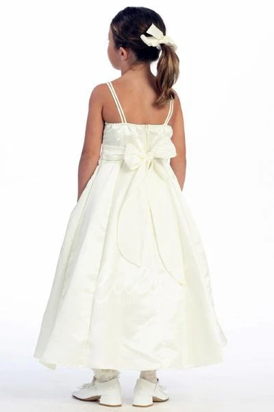 Floral Ankle-Length Beaded Flower Girl Dress with Straps Unique Wedding Dress