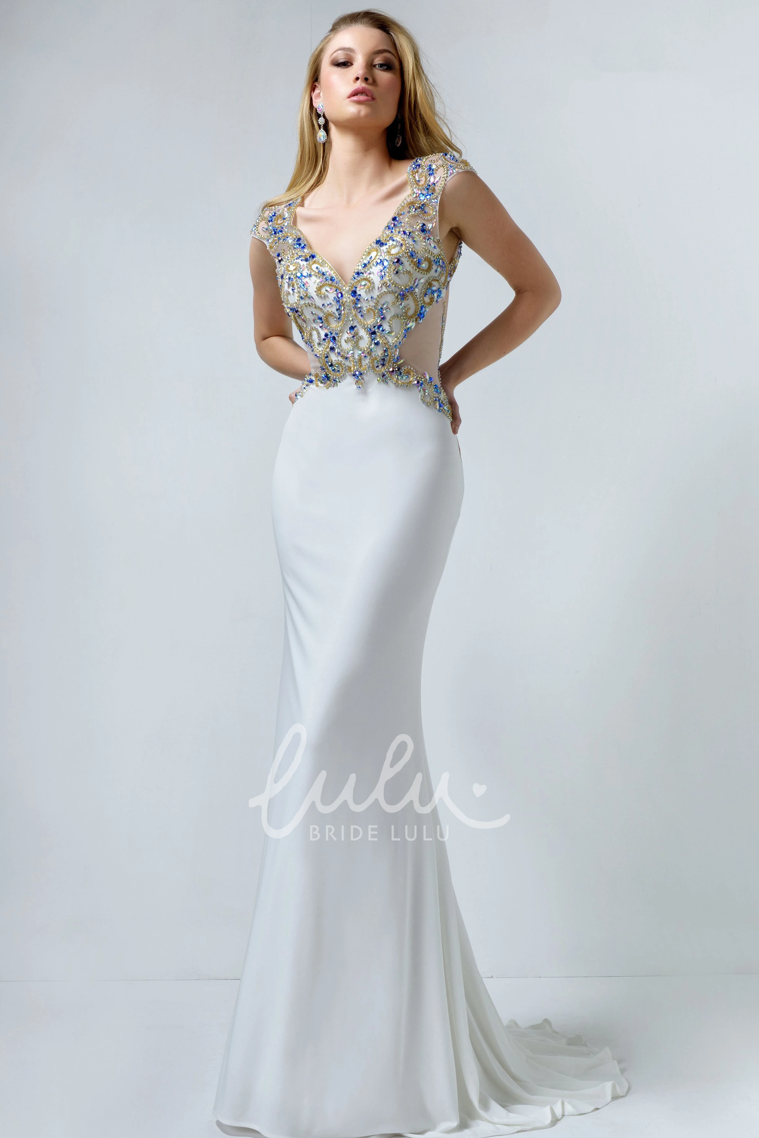 Crystal Detailing V-Neck Cap-Sleeve Sheath Prom Dress in Jersey Fabric