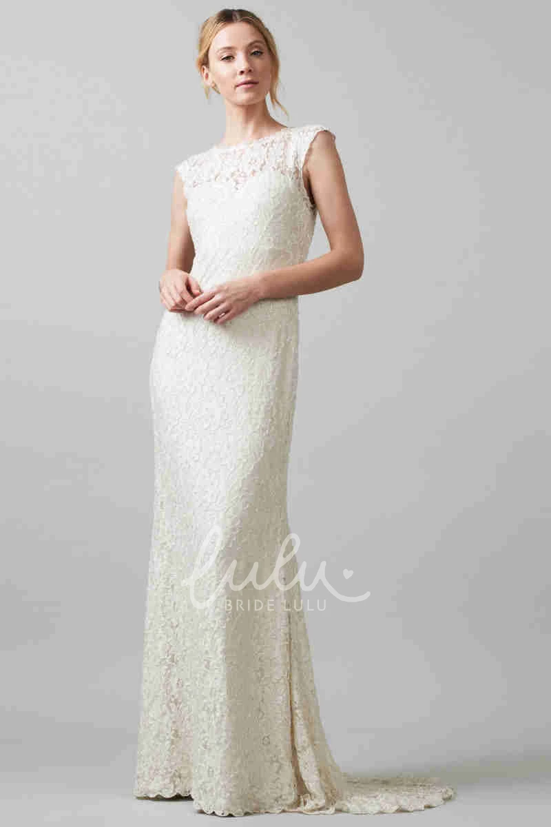 Lace Jewel-Neck Sheath Wedding Dress with Brush Train Elegant Bridal Gown