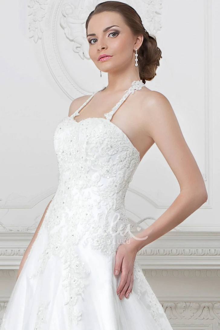 Spaghetti Appliqued Lace&Satin A-Line Wedding Dress Flowy Beach Bridal Gown