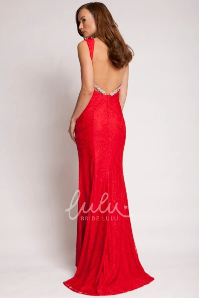 Backless Brush Train V-Neck Beaded Sheath Prom Dress